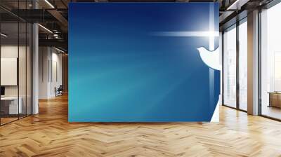 Dove whit christian cross symbol. Crucifix. Blue background with bright rays. Easter. Symbol of purity. Faith. Baptism. Holy Spirit. Evangelization. Resurrection. Banner Wall mural