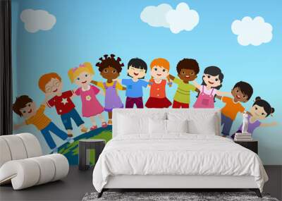 Earth globe with group of multiethnic and diverse children standing together and embracing each other. Community. Multicultural kindergarten.Diversity and culture. Unity and friendship Wall mural