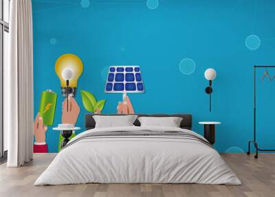 Energy community. Prosumer sustainable and renewable energy. Alternative energy production. Economic sharing of self-produced energy. Green social media. Light bulb. Copy space Wall mural