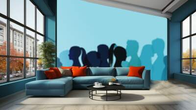 Friendship concept. Large group or team of people silhouette colored profile. Community. People talking. Face. Head. Blue multiple exposure Wall mural