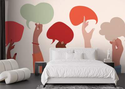 Group communication of multi-ethnic and multicultural men and women. Raised hands holding speech bubble. Racial equality. People diversity. Different culture and countries. Community Wall mural