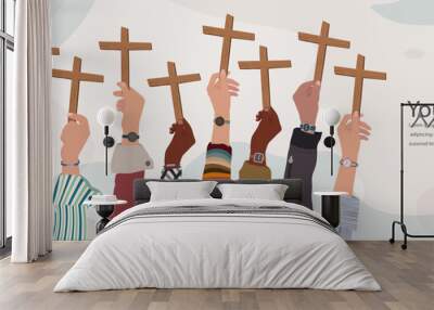 Group of multicultural christian people hands raised holding a wooden crucifix. Christian worship.Praying or singing. Concept of faith and hope in Jesus Christ. Copy space banners Wall mural