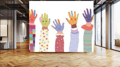 Group of painted hands of joyful happy multicultural kids and baby girls and boys.Colorful kids hands with smile.Preschool - kindergarten of children different cultures coloring together Wall mural