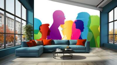 Group of people talking. Crowd talking. Speak. To communicate. Colored silhouette profiles Wall mural