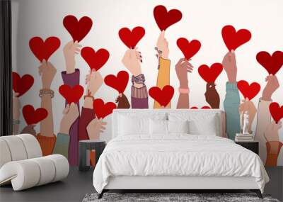 Group of raised arms and hands. Diverse people holding a heart. Charitable donation and volunteer work. Support and assistance. Multicultural and multiethnic community.Diversity of people Wall mural