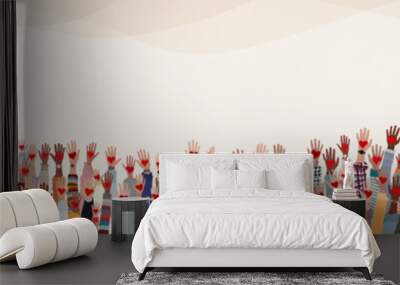 Group of raised hands. Diverse people holding a heart. Charitable donation and volunteer work. Support and assistance. Multicultural and multiethnic community.Diversity of people. NGO. Aid Wall mural