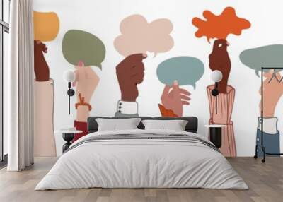 Group Raised arms multi-ethnic multicultural people holding speech bubble in hand.Diverse people talking chatting and sharing information on social.Diversity group people.Racial equality Wall mural