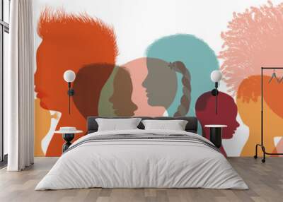 Heads faces colored silhouettes multicultural and multiethnic diversity children in profile. Concept of study education and learning. Kindergarten or elementary school education. Banner Wall mural