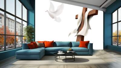 Isolated Christian cross with dove flying away isolated. Resurrection concept. Easter Wall mural