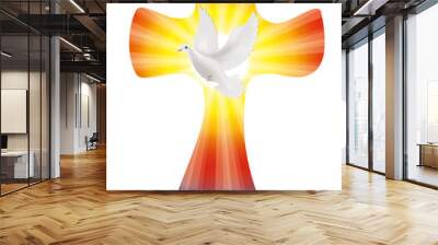 Isolated vector christian cross with dove on sunset or sunrise background with light rays. Peace symbol Wall mural