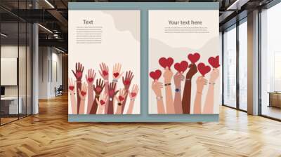 Leaflet - cover with group of volunteer diversity people - editable poster template. Hand up holding a heart in their hand. Charity solidarity donation. Community. Hands in a circle. NGO Wall mural