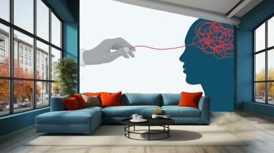 Mental health concept.Hand of a therapist or doctor untangling a tangle in the silhouette head of a patient's side.Psychology and psychiatry.Depression.stress.Mind.Disease.Psychotherapy Wall mural