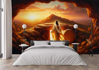 Oil painting illustration of resurrection of Jesus Christ seen from behind with empty tomb and sunbeam Wall mural