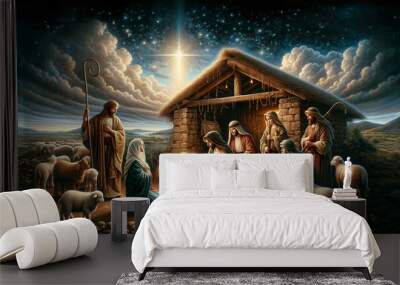 Oil painting representing the holy family. Nativity scene in Bethlehem. Christmas scene illustration showing holy family with Joseph Mary baby Jesus - shepherds and sheep. Comet Star Wall mural