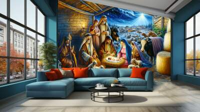 Oil painting representing the holy family. Nativity scene in Bethlehem. Christmas scene illustration showing holy family with Joseph Mary baby Jesus - shepherds ox donkey and sheep Wall mural