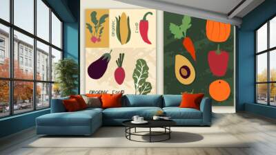 Organic fresh vegetables and fruits food template poster set.Greengrocers shop or restaurant using healthy and bio natural food products. Farm that produces organic food. Eco-environment Wall mural