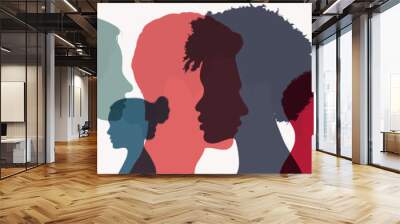 Psychology and psychiatry concept. Silhouette heads faces in profile of multiethnic and multicultural people.Psychological therapy.Patients under treatment.Diversity people.Team community Wall mural