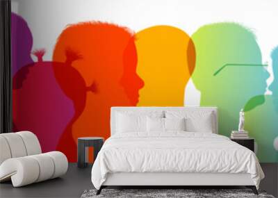 Rainbow group of modern children in colorful silhouette profile. Communication between multi-ethnic children. Children talking. Colored heads. Multiple exposure Wall mural