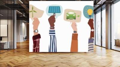 Raised arms of multicultural diverse people holding speech bubble with symbols relating to ecology green and clean environment solar energy recycling and reuse for a sustainable future Wall mural