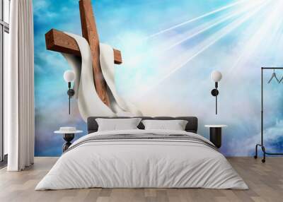 Resurrection. Christian cross with clouds sky background. Life after death Wall mural