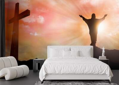 Resurrection. Jesus Christ silhouette. Christian Easter concept. Sunset with rays of light. 3d illustration Wall mural