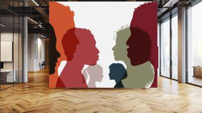 Silhouette group of men and women of diverse culture standing together in front of the other. Diversity multi-ethnic and multiracial people. Concept racial equality and anti-racism Wall mural