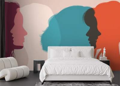 Silhouette group of multiethnic women who talk and share ideas and information. Women social network community. Communication and friendship between women or girls of diverse cultures Wall mural