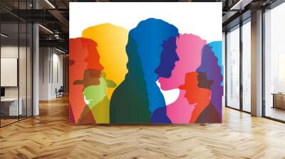 Talking crowd. Dialogue between people. Colored silhouette profiles. Multiple exposure  Wall mural