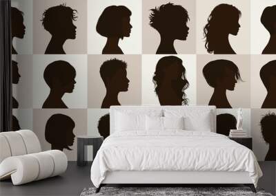 Vector black profile silhouette set with female haircut. Collection face anonymous portrait and isolated women heads with modern hairstyle. Group of beautiful glamorous girls. Coiffure Wall mural