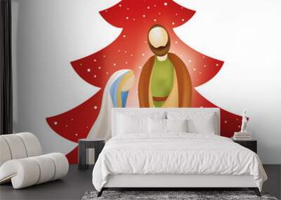 Vector Christmas tree nativity scene with Joseph and baby Jesus in Mary's arms on red background Wall mural