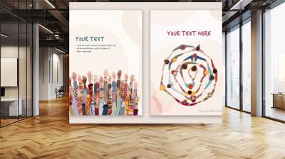 Volunteer people group concept flyer brochure poster editable template. Raised arms and hands of multiethnic people. Multicultural people holding hands. Hands in a circle. Team concept Wall mural