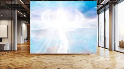 Web banner. Archangel. Heavenly angelic spirit with wings. Illustration abstract white angel. Belief. Afterlife. Spiritual Angel. Blessing. Sky clouds with bright light rays. Heaven. Faith Wall mural