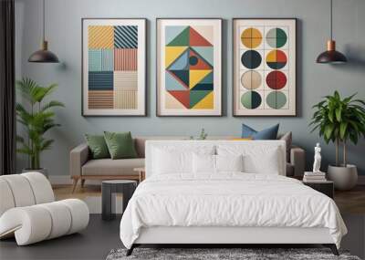 Modern living room with sofa minimalist posters, each featuring a different geometric arrangement  Wall mural