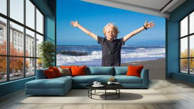 Cute child on beach with arms outstretched freedom concept Wall mural