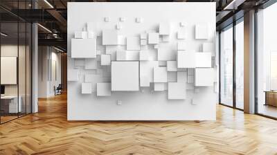 3D abstract geometric cubes on a white background. Abstract artwork of 3D rendering artwork of cube or geometric shapes popping out from wall. Digital artwork for architectural design. AIG51. Wall mural