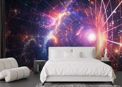 A cube with a galaxy inside on a starry background. Digital artwork of starry cube surrounded with space and glowing star. Cosmic and surreal concept. Fantasy universe and nebula design. AIG53. Wall mural