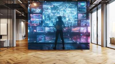 A game designer in a futuristic workspace with an AI assistant as a holographic character providing design feedback and coding suggestions. AIG60 Wall mural