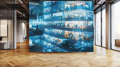 A high-rise office building with transparent walls reveals humans and AI working together in various departments. AI assistants help with data analysis, customer service, and creative projects. The Wall mural