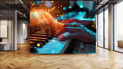 A musician composes on a piano, guided by a glowing AI figure illuminating sheet music with new compositions. The scene captures the harmony between human creativity and AI innovation, highlighting a Wall mural