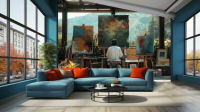 A painter in an open-air studio with an AI assistant as an animated palette providing color and composition suggestions. Soft, natural light enhances the serene environment. AIG60 Wall mural