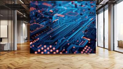 Abstract blue digital circuitry with glowing lines. Digital artwork of electronic circuit with glowing blue color and black background. Abstract artwork of motherboard. Technology innovation. AIG53. Wall mural