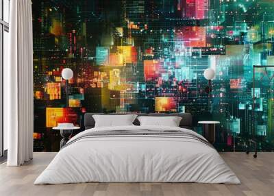 Abstract circuit lines in vibrant colors on a dark background. Digital artwork of vibrant color glowing neon glitch effect. Technology innovation and digital innovation concept. Error pattern. AIG53. Wall mural