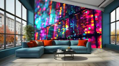 Abstract circuit lines in vibrant colors on a dark background. Digital artwork of vibrant color glowing neon glitch effect. Technology innovation and digital innovation concept. Error pattern. AIG53. Wall mural