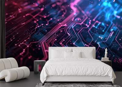 Abstract colorful data flow on complex circuit with digital technology style design. Particle color graphic show electric of electronic system represent about processor algorithm on computer. AIG53. Wall mural