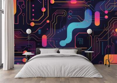 Abstract colorful data flow on complex circuit with digital technology style design. Particle color graphic show electric of electronic system represent about processor algorithm on computer. AIG53. Wall mural