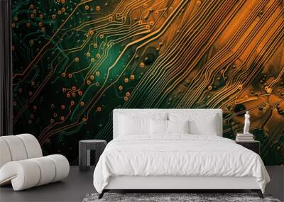 Abstract green and orange digital network with glowing particles. Digital image of vibrant green and orange glowing lines connecting together.Technology innovation and connectivity concept. AIG53. Wall mural