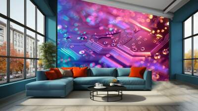 Abstract of chip on complex circuit with digital technology style design and neon electric light graphic show dynamic movement represent about processor algorithm process on high tech device. AIG51. Wall mural