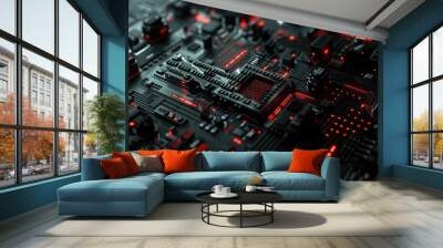 Abstract of chip on complex circuit with digital technology style design and the electric light graphic show dynamic movement represent about processor algorithm process on high tech device. AIG53. Wall mural