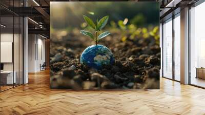 Abstract picture of globe with sprout plant on soil represent safety of world by human living sustainable life use friendly energy to save earth. Concept of eco environment and green business. AIG53. Wall mural