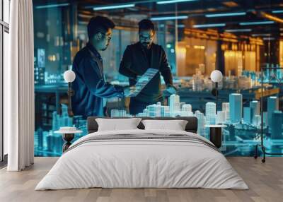 An AI assistant as a floating holographic grid collaborates with an urban planner in a futuristic city model room, providing real-time planning suggestions. AIG60 Wall mural